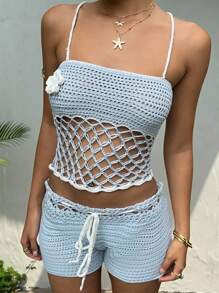 SHEIN EZwear 2 件女式套装：3D 花卉装饰镂空背心和针织短裤 - 淺藍色 - 查看 6