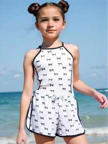 Girls Bowknot Printed 1-Piece Swimsuit & Trunks Set, Sweet & Fashionable On White Background - White - View 3