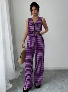 Elenzga Setelan 2 Potong Wanita: Atasan Cami Bergaris dengan Tali Depan dan Celana Panjang, Musim Panas - Purple - View 3