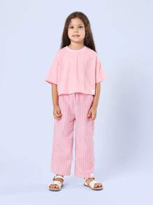 SUMWON Sunshine Happy Days Summer Co-Ord Set Seersucker Stripe Trouser Wide Leg Cropped T-Shirt Casual Holiday Beach Wear - Coral Pink - View 2