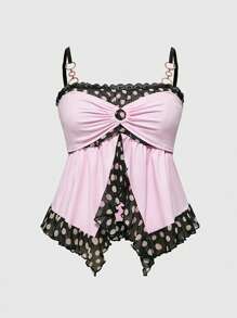 ROMWE Kawaii Cute Y2K Style Polka Dot Ruffle Hem Plus Size Camisole & Tank Top - Pink - View 1