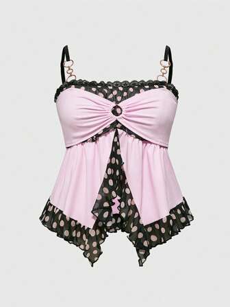 Kawaii Cute Y2K Style Polka Dot Ruffle Hem Plus Size Camisole & Tank Top
