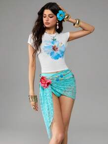 ROMWE Avant Y2K Summer Beach Resort Hibiscus Print English Rhinestone Wrap Skirt & Sheer Tee 2 Pieces Set For Women - Blue - View 5