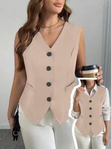 SHEIN Clasi וסט ללא שרוולים עם חזה יחיד לנשים במידות גדולות, בלייזר שחור אלגנטי עם מותן צמוד, אופנתי לעבודה, מסיבה, בגדי עסקים קז'ואל בלייזר חום נשים וסט נשים משובץ הדפס משובץ סגירת כפתורים קדמית בלייזר שרוולים ארוכים אלגנטי בלייזר משובץ בלייזר גדול במיוחד סתיו בד לנשים בגדי עבודה נשים עסקים מקצועיים בגדי עבודה לנשים בגדי משרד נשים - משמש - ראה 1