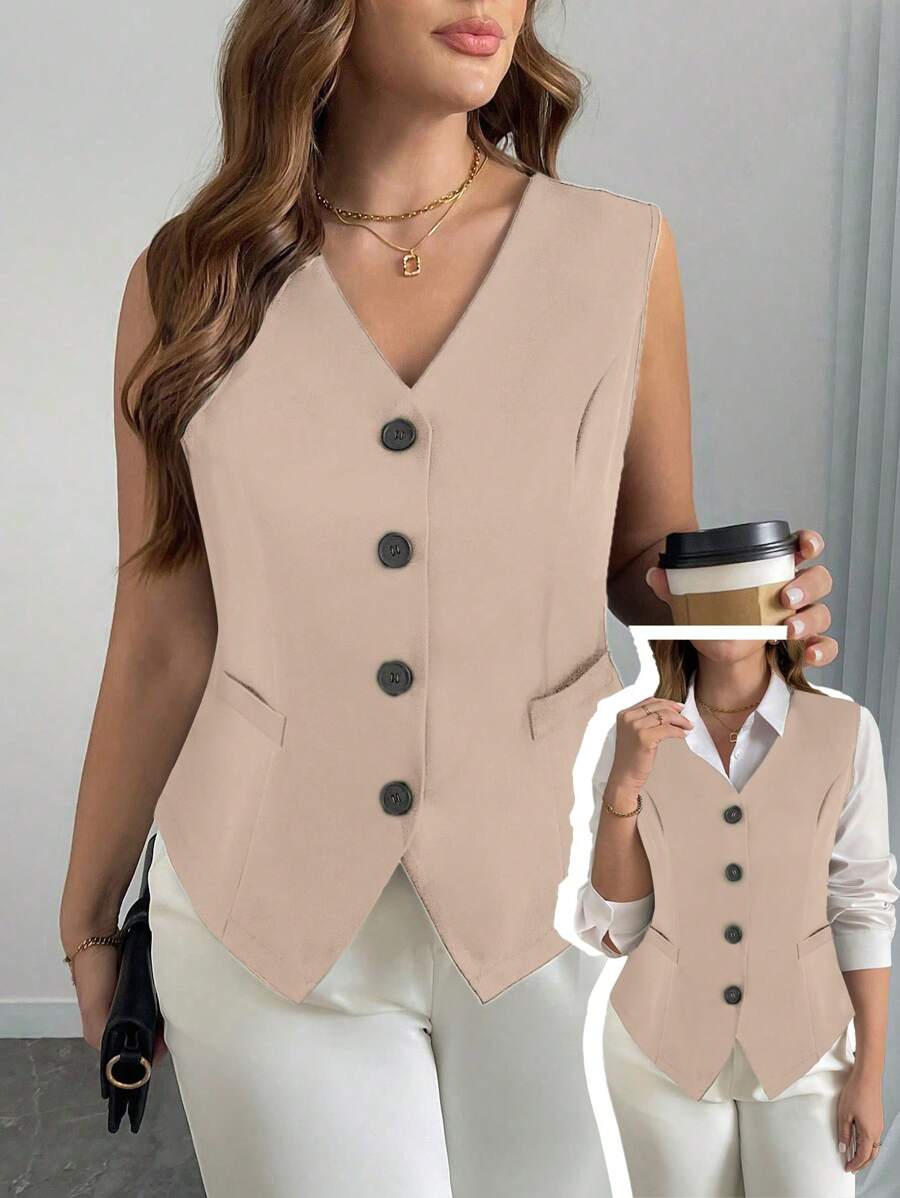 SHEIN Clasi וסט ללא שרוולים עם חזה יחיד לנשים במידות גדולות, בלייזר שחור אלגנטי עם מותן צמוד, אופנתי לעבודה, מסיבה, בגדי עסקים קז'ואל בלייזר חום נשים וסט נשים משובץ הדפס משובץ סגירת כפתורים קדמית בלייזר שרוולים ארוכים אלגנטי בלייזר משובץ בלייזר גדול במיוחד סתיו בד לנשים בגדי עבודה נשים עסקים מקצועיים בגדי עבודה לנשים בגדי משרד נשים - משמש - ראה 1