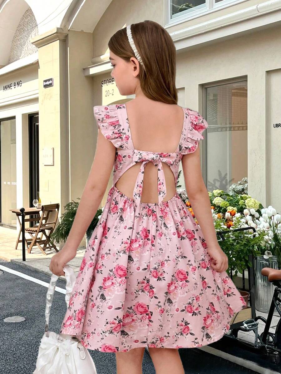 SHEIN Serisse Kids 少女编织小碎花方领荷叶边腰后蝴蝶结装饰休闲甜美派对连衣裙，适合派对、返校、女性时尚、法式优雅、公主风格、婚礼季、生日聚会、小碎花、玫瑰、情人节少女、花童连衣裙 - 粉色 - 查看 1