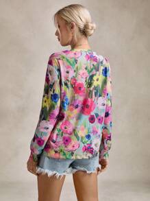 SHEIN LUNE Camiseta de manga larga de cuello redondo holgada con estampado floral minimalista casual para mujer, adecuada para otoño e invierno