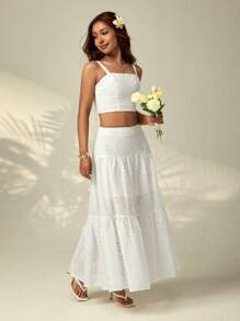 SHEIN PETITE 女士度假服装 2 件套刺绣白色长裙，波西米亚风格，多层荷叶边下摆，适合约会、度假、野餐、沙滩装、舒适服装、情人节服装、女士沙滩装、狂欢节服装，白色 2 件套 - 白色 - 查看 7