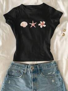 SHEIN Tween Girl Starfish Print Round Neck Short Sleeve Cropped T-Shirt, Summer - Black - View 3