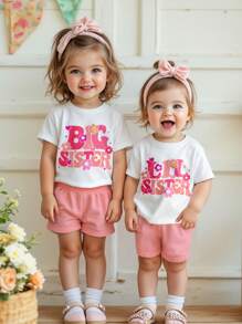 SHEIN Happikins Matching Sister Sets Cute Pink Letter "Lil Sister" & Flower Print, Baby Girl Casual Minimalist Round Neck Short Sleeve T-Shirt & Skinny Shorts Suit, Suitable For Spring/Summer - Multicolor - View 1