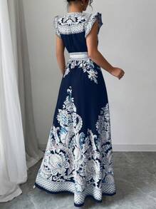 Elenzga Women's Floral Print A-Line Dress, Fashionable For Summer - Navy Blue - View 2
