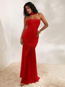 Opulessa 1 件女士纯色针织网眼露肩修身鱼尾裙