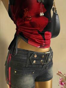 Attitoon Top halter con fruncido y lazo delantero, con estampado floral tropical rojo y negro