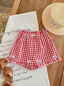 SHEIN EZwear Shorts casuales de mujer con acento de lazo blanco y volante a cuadros rojos, adecuado para el verano