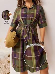 SHEIN LUNE Plus Size Women Dark Purple Plaid Print Belted Button Up Summer Dress,90s Retro Gingham Office Picnic Outfit,Boho Vacation Slouchy Chillax Relaxed Fit - Multicolor - View 2