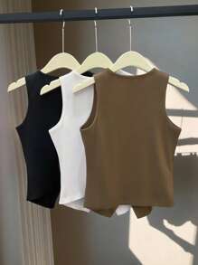 Celisse 3 Pcs/Set Women's Solid Color Elegant Round Neck Sleeveless Slit Fitted Button Tank Top