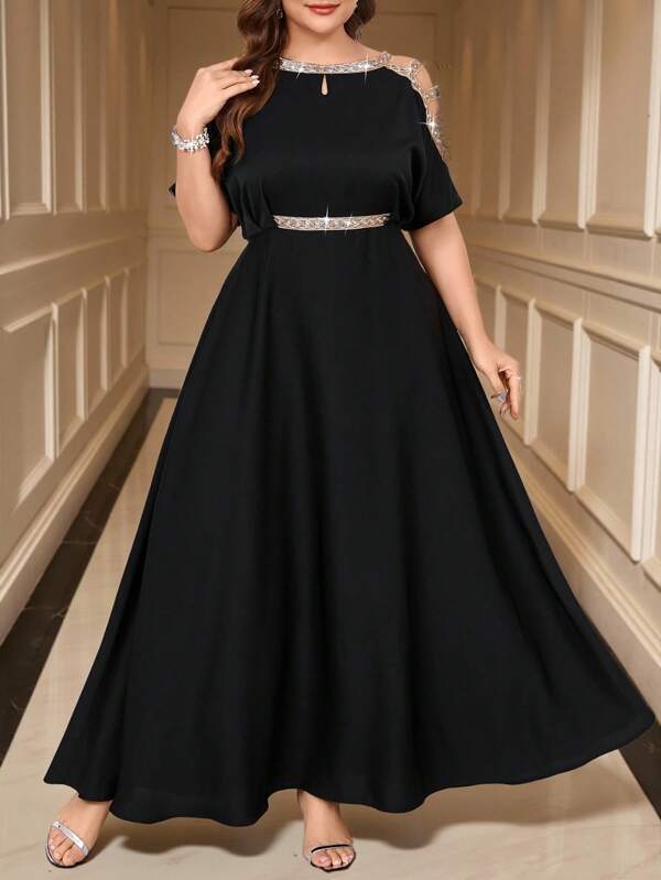 Gownix Curbat Plus Size Femei Albastru Elegant Auriu Strălucitor Paiete Splicing Talie Cinching A-Line Rochie Lungă,Rochie Neagră Femei,Tinute de ieșire,Rochii maxi pentru femei,Rochie maxi elegantă,Rochie fără umăr,Rochie elegantă pentru nuntă,Rochii de primăvară/vară pentru femei,Tinute de vacanță femei