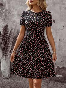 EMERY ROSE 女士夏季圆领花卉印花A字短款优雅连衣裙女式夏季连衣裙度假装女式乡村音乐会装女式休闲连衣裙 - 彩色 - 查看 4