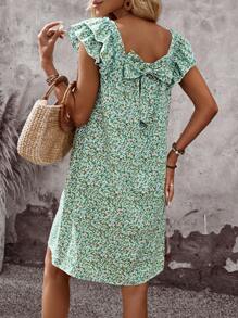 SHEIN LUNE 女士碎花印花方领荷叶边袖休闲连衣裙，适合夏季度假 - 彩色 - 查看 3