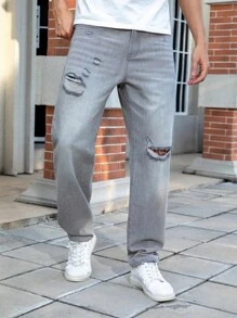 Manfinity Homme Plus Size Men's Pocket Distressed Straight Loose Casual Versatile Denim Jeans Men Streetwear Jeans