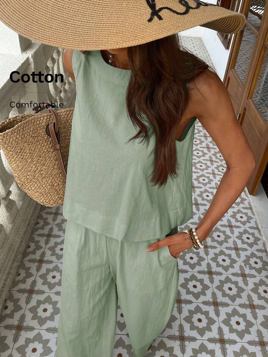 SHEIN VCAY 2 件套女士纯色梭织修身背心和高腰宽松直筒裤套装春季女士热带度假服装亚麻 - 橄欖綠 - 查看 1
