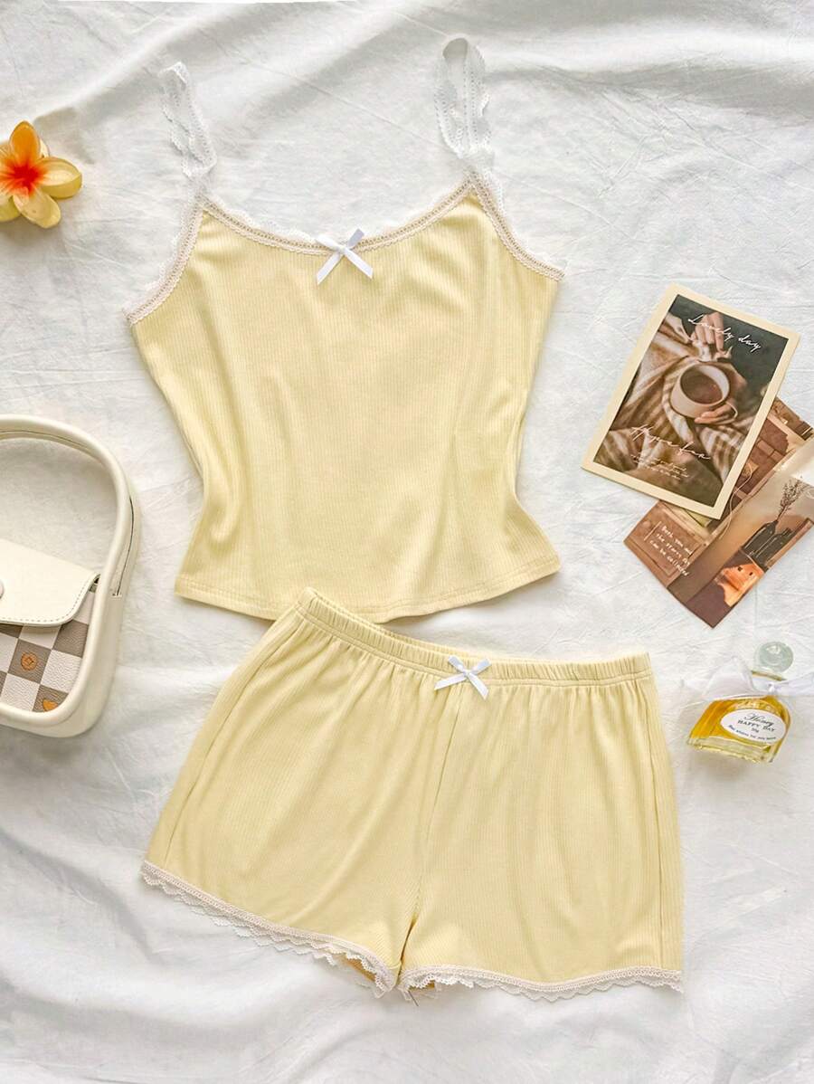 Teenager Mädchen Spitzen Schleifen Besatz geripptes Trägerhemd, bequeme Stretch, kombinierbar mit tief sitzenden Shorts, geeignet für Frühling und Sommer, cool, Basic, täglich, vielseitig, Sport Mode Sommer Oberteile, Schulanfang Saison, Schuluniformen