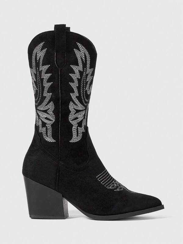 ROMWE Fairycore Women's Retro V-Cut Pointed Toe Chunky Heel Embroidered Western Cowboy Boots, Slip-On Outdoor Mid-Calf Fashion Boots, Autumn/Winter