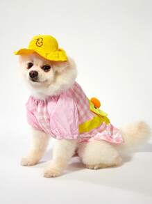 PETSIN Mochila de mascota diseño de pato a cuadros rosa de estilo campista lindo + sombrero, Conjunto de ropa de mascota cachorro de dibujos animados para primavera, verano y otoño - Multicolor - Ver 8