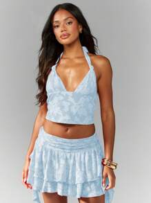 MISSGUIDED Floral Embossed Halter Neck Textured Cami Top Summer Festival Evening Party Ladies Camisole Backless Crop Top - Blue - View 6