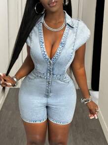 Slaydiva 女士 V 领性感修身腰部牛仔背带裤和连体裤，夏季连体裤，女士娇小连体裤，背带裤，女士夏季服装，女士夏季套装，女士夏季套装，女士连体裤，7 月 4 日。 - 淺色水洗藍 - 查看 3