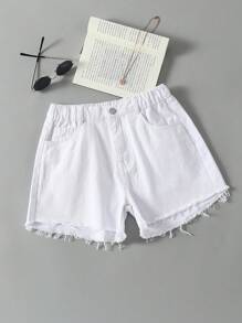 SHEIN Pantalones cortos casuales de mezclilla lavada con dobladillo deshilachado para niñas preadolescentes