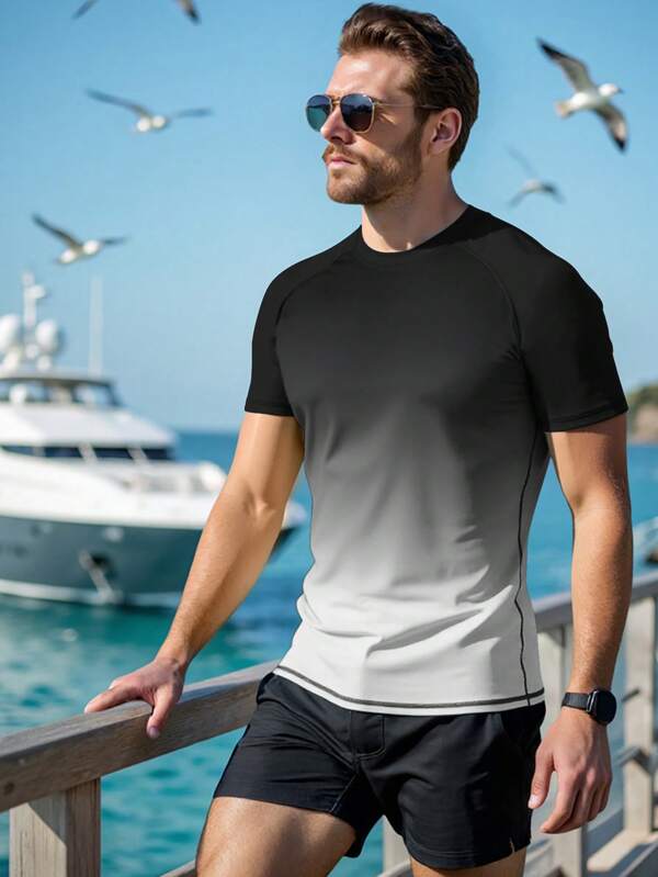 Manfinity Swimmode Ombre Crew Neck Short Sleeve Men's Swim Rashguards T Shirt For Man T Shirts For Men Mens T Shirts