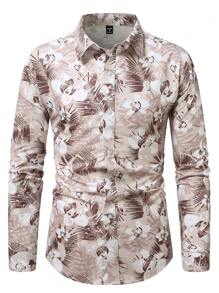 Manfinity Homme Men's Casual Fashion All Over Print Button Down Long Sleeve Shirt - Khaki - View 3