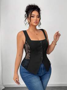 Elenzga Camiseta de tirantes de talla grande para mujer con cuello cuadrado, abotonadura frontal, parches y encaje, bajo asimétrico, ideal para uso casual y diario en verano