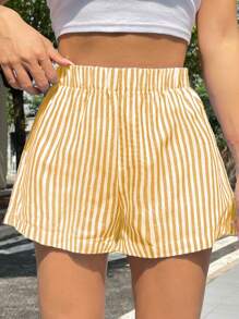 SHEIN EZwear Stripe Wide Leg Shorts - Yellow - View 3