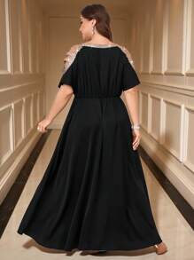 Gownix Curbat Plus Size Femei Albastru Elegant Auriu Strălucitor Paiete Splicing Talie Cinching A-Line Rochie Lungă,Rochie Neagră Femei,Tinute de ieșire,Rochii maxi pentru femei,Rochie maxi elegantă,Rochie fără umăr,Rochie elegantă pentru nuntă,Rochii de primăvară/vară pentru femei,Tinute de vacanță femei