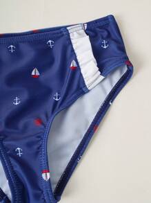 Joliand Joliand 2pcs/Set Young Girl Urban Elegant Red Halter Top With Navy Bow Decor And Sailor Anchor & Lighthouse Printed Swimsuit, Suitable For Pool, Beach, Summer