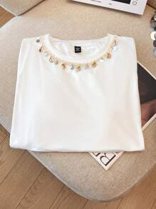 GlowEve CURVE 大码女式休闲贝壳装饰领短袖T恤 - 白色 - 查看 1