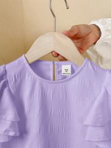 SHEIN LMoss Kids 年轻女孩时尚百搭平纹圆领休闲衬衫 - 紫色 - 查看 3