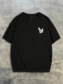 AXEPEAK 超大男士字母和卡通印花T恤，夏季，适合街头风格 - 黑色 - 查看 2