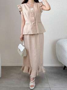 FRIFUL Women 2pcs Set Plain Sleeved Ruffle Trim Pocket Skirt Flounced Hem Straight Casual Business Outfit - Khaki - View 5