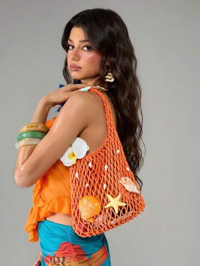 Fairycore 1pc Fashionable Personalized Spring/Summer Beach Vacation Style Orange Ocean Woven Beach Bag, Large Size Women Handbag