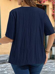 EMERY ROSE Tricou casual de vară cu decolteu în V, mânecă scurtă, mărime plus, material texturat, model profesoară pentru femei - Albastru marin - Vizualizare 5