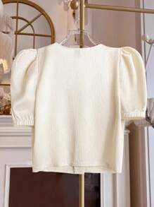 EMERY ROSE V-Neck Bubble Short Sleeve Textured Woven Non-Stretch Casual Women Shirt