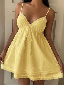 SHEIN EZwear 蝴蝶结编织饰边 A 字形吊带迷你连衣裙，夏季 - 黃色 - 查看 4