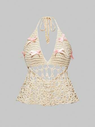 Kawaii Women's Cute Bowknot Halter Neck Teddy Knit Top, Girly Ballerina Style