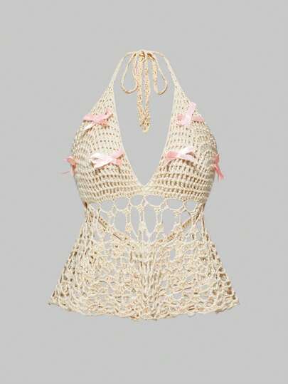 Kawaii Women's Cute Bowknot Halter Neck Teddy Knit Top, Girly Ballerina Style