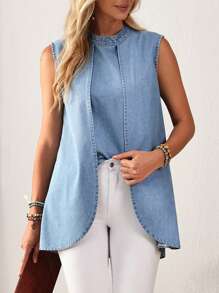 EMERY ROSE Women's Sleeveless Stand Collar Asymmetrical Hem Denim Blouse For Summer - Blue - View 4