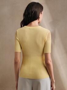 Anewsta Women's Elegant Luxury Rhinestone Sheer Short Sleeve Knitted Top/T-Shirt/Blouse, Butter Yellow