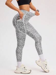 SHEIN Sport Studio Pantalones de yoga con estampado de leopardo y cintura alta con bolsillos, mallas compresión adelgazantes para fitness al aire libre, a prueba de sentadillas, control de abdomen, elevación de glúteos, favorecedor